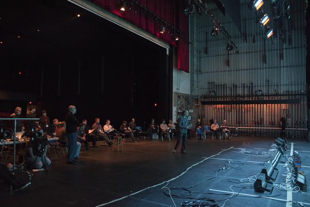 Audience members sit directly on stage for the LED Cyc Demo